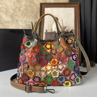 Tas Tangan Wanita Kulit Asli Motif Retro dengan Aplikasi Ritsleting, Lapisan Atas Kulit Sapi, Sambungan Kulit, Kapasitas Besar, Motif Bunga Berwarna-warni