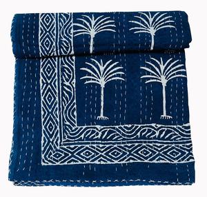 Colcha de Algodón Hecha a Mano con Diseño de Palmeras, Colcha Indiana Kantha, Colcha Kantha con Estampado a Mano, Tamaño Doble 90×108 Pulgadas - Product Image 1