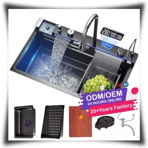 HG Lavabos Numériques Modernes de Luxe Intelligents Multifonctionnels Dorés et Noirs en Acier Inoxydable Type Cascade, pour Cuisine et Salles de Bain Autonomes - Product Image 1