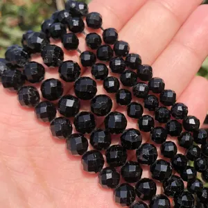 Wholesale 6/8/mm Gemstone Natural Faceted Black Tourmaline Stone Beads for Making Bracelet Necklace 7.5''