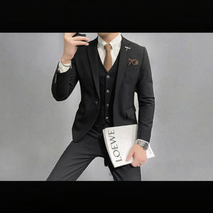 ชุดสูทสามชิ้นลายทางสำหรับเจ้าบ่าวงานแต่งงานและธุรกิจ แบร์ฟิต พลัสไซส์ กระดุมสองแถว ผ้าโพลีเอสเตอร์ 100% กระดุมแถวเดียว สำหรับผู้ชาย - Product Image 5