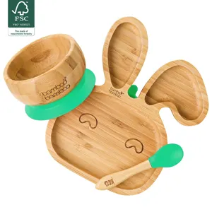 Hot sells Weaning Natural Bamboo Baby Plate With Soft Silicone Spoons For Baby