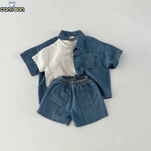 Conyson neue koreanische version von kurzen Ärmeln denim-shirt shorts set für jungen und mädchen sommer modisch und stilvoll zweiteiliges set