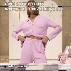 Pyjama pour femmes en coton fin tricoté rose, manches longues, taille élastique, respirant, uni, décontracté, shorts droits pour l'automne - Product Image 2