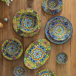 Set di Stoviglie in Ceramica Stile Bohémien, Ciotole e Piatti, Adatti al Microonde, Smaltati, per Riso, Noodle, Bistecche e Alimenti Vari - Product Image 3