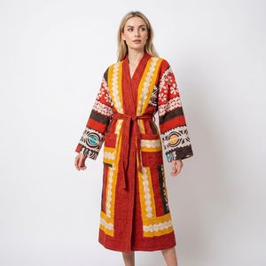 Boho Chic Long Winter <b>Jacket</b> Japanese Kimono Style Multi-Colored Floral 100% Cotton Lined Quilted <b>Kantha</b> Nonwoven Quick Dry - Product Image 1