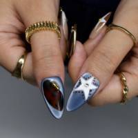 Faux ongles à presser Tortoise-Sand Blue-Tone Star, en acrylique faits main, avec bord doré et strass, personnalisables, style Spice-girl