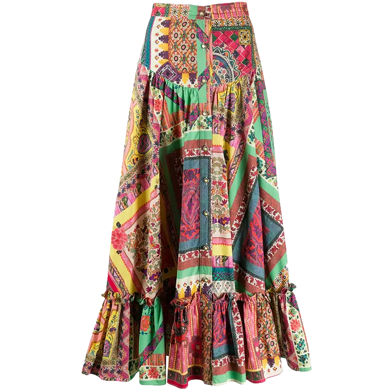 Saia midi colorida de algodão, saia longa e colorida de patchwork para mulheres, design em camadas, estilo indiano, bonita, 100% algodão