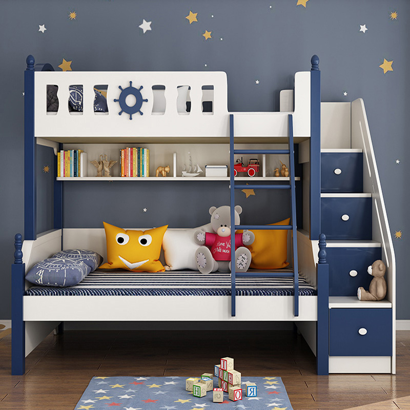 Cheap popular pine white blue color wooden kid's children bunk bed bunkbed