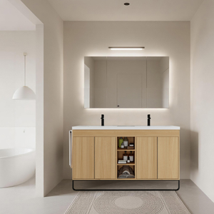 Meuble-lavabo autoportant de 60 po avec double vasque <span class=keywords><strong>en</strong></span> résine, 4 portes à fermeture amortie et 3 étagères ouvertes, emballage KD, contreplaqué - Product Image 1