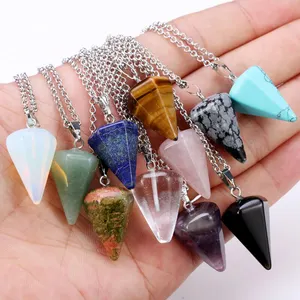 Trendy Pyramid Shaped Real Gem Semi Precious Natural Quartz Tiger Eyes Opal Turquoise Stone Pendant Necklace Jewelry For Woman