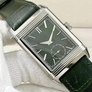 Montre mécanique pour homme de luxe personnalisée, carrée, réversible, double fuseau horaire, cadran vert, bracelet en acier inoxydable et cuir, analogique, étanche - Product Image 1