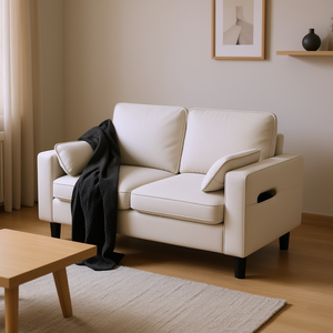 Canapé deux places moderne en tissu beige avec dossier rembourré et pieds en bois, meubles de salon - Product Image 2