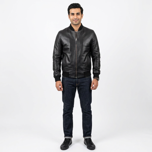 Veste bomber en cuir véritable pour homme Finer Threads - Doublure en peau de mouton véritable, style vintage automne, poids du tissu 320g - Product Image 1