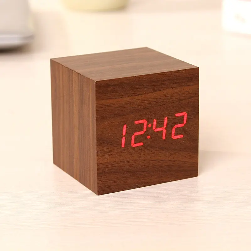 KH-WC001 Cubo De Mesa Decorativos Digitales LED De Madera Alarma Moderno Wooden Reloj Despertador Digital Alarm Clock