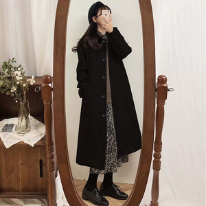 Women's Wool Coat Black Long Solid Color Button Front Autumn Winter Outerwear For Petite Women - Product Image 3