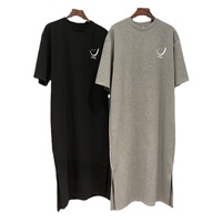 Robe T-Shirt en Coton Respirant Mi-Longue pour Femmes Style Coréen Imprimé Floral Col Rond Fente Décontractée Coupe Classique