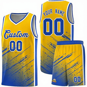 Ensemble de maillots de basket-ball personnalisés, jaune et bleu dégradé, impression sublimée, polyester respirant, débardeur et short uniformes - Product Image 6