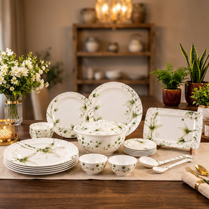 Service de vaisselle en céramique florale avec couvercle, assiettes rondes, bols, plateau de service, design floral peint à la main, vaisselle de fête - Product Image 6