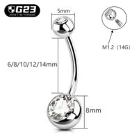 Kaishee Vente en gros Anneau de nombril en Titane ASTM F136 G23 à filetage externe avec Zircon Cubique Rond, Piercing long 10-12-14mm