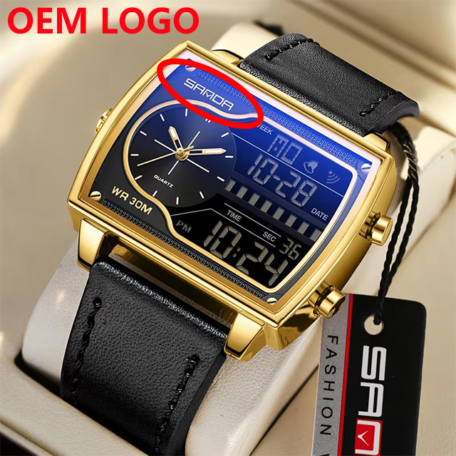 OEM LOGO SANDA 6163 Square Dial Stainless Leather Silicone Dual Display Analog Digital Watch Mens Waterproof Chronograph Watches