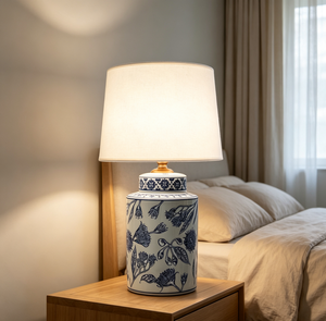 Lampada da Tavolo in Ceramica Stile Orientale con Motivo Floreale Blu, Corpo in Ceramica e <span class=keywords><strong>Paralume</strong></span> <span class=keywords><strong>Beige</strong></span>, E27, Lampada d'Ambiente per Interni e Comodino - Product Image 2