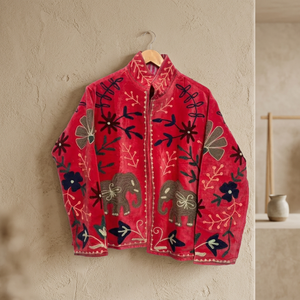 Chaqueta Blazer Tradicional Rajastaní Real Hecha a Mano, de Terciopelo Rosa, Unisex, con Motivos Florales Bordados, Transpirable para Invierno - Product Image 3