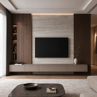 Meuble TV moderne en bois avec console multimédia murale flottante, étagères à LED et panneaux muraux cannelés pour salon