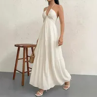 Robe d'été pour femmes, sexy, col halter, dos nu, design décontracté, robe longue maxi pour les vacances, disponible en blanc et en grandes tailles
