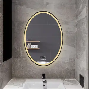 กระจกห้องน้ำอัจฉริยะไฟ LED รูปวงรีพร้อมเครื่องเล่นเพลงและฟิล์มทำความร้อนรูปฟันสีฟ้า