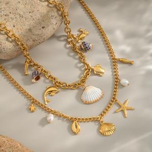 Collana di Alta Gamma in Acciaio Inossidabile con Perle Imitazione Bohémien, Conchiglie e <span class=keywords><strong>Vita</strong></span> Marina, Placcata in Oro 18K, Stile Vacanza al Mare - Product Image 5