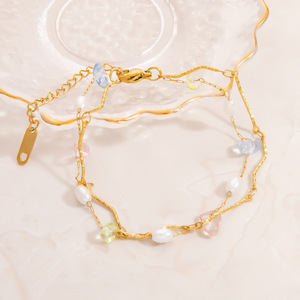 Pulsera de perlas de doble capa con cadena de oro, piedra natural y circonita cúbica para mujer, uso diario. - Product Image 3