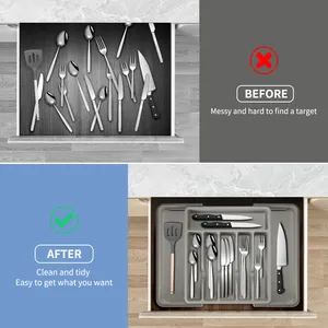 Kitchen Grey PP Material Cutlery Tray Drawer Silverware Storage Expandable Cutlery Organizer