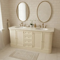 Meuble de salle de bain en bois à double vasque avec bords incurvés et plan de travail en marbre, finition peinture durable, avec miroir LED