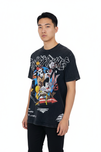 Men's Oversized Cartoon Printed T-Shirt <b>Short</b> <b>Sleeve</b> O-Neck Street Style Black Cotton Jersey Fit - Product Image 1