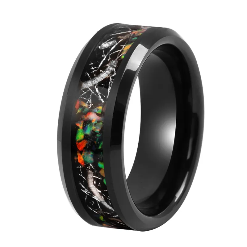Beveled Black Plated Galaxy Opal Rings Tungsten Imitated Meteorite Inlay Rings Mens Wedding Bands CLASSIC Flat Free Laser Logo
