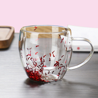 Tasse à café et lait en borosilicate à double paroi, design créatif avec fleurs séchées, anti-brûlure, résistante à la chaleur, avec plateau inclus, idéale pour les fêtes.