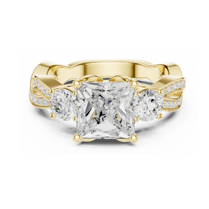 Anillo de Compromiso con Tres Piedras Corte Princesa, Oro Amarillo, Banda Trenzada, Anillo de Diamantes con Pavé Infinito, Joyería Nupcial Elegante y de Lujo - Product Image 1