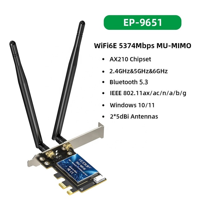 WiFi 6E AX210 PCIE Adapter 5374M BT5.3 Network Card 2.4G/5G/6GHz PCI-E 802.11AX  EP-9651 EP-9651GS EP-9651GS-G EP-9651GS PRO