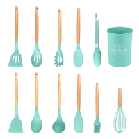 Offre Spéciale : Ensemble d'ustensiles de cuisine écologiques 12 pièces avec outils en silicone et manches en bois, compatibles lave-vaisselle (cuillère, spatule, spatule à retourner, pince)