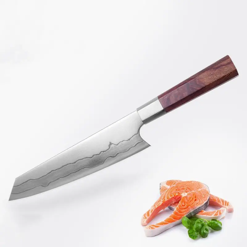 Cuchillo de cocina con mango de palisandro de 8 pulgadas, hoja quemada de acero de Damasco, cuchillo japonés