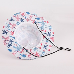 Personalizado al aire libre de poliéster de ala ancha de alta calidad todo impreso impermeable corte láser agujero cubo sombrero con cuerda - Product Image 3