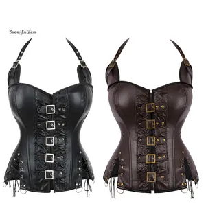 Steampunk Korset Halterneck Kulit Sintetis Faux Bustier Hitam Coklat Depan Sabuk Seksi Gorset Minceur