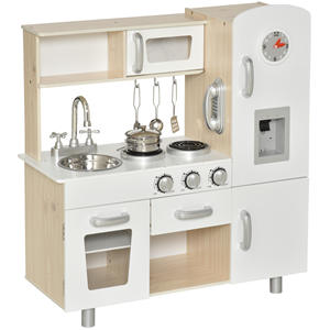 HOMCOM Cuisine en Bois pour Enfants avec Évier et Cuisinière, Batteries et Ustensiles en Acier, 74x30x81cm, Blanc - Product Image 1