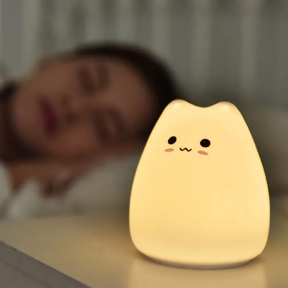 Lampu Pat Anak Kucing Mini, Lampu Malam Silikon Induksi Atmosfer Led Warna-warni Kartun Anak-anak