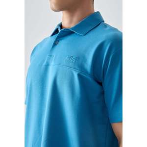 T-shirt basique pour homme en coton bleu pétrole, col polo, coupe ample, épais et doux, texturé - 88382 - Bleu pétrole - Product Image 3