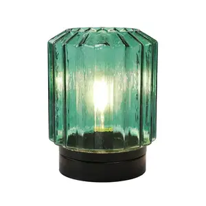 RTS Elegant Cordless Green Glass Table Lamp for Home Living Room Battery Operated or Wired Electricity Led Lamp with Light Bulb