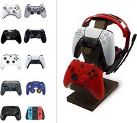 Bureau de jeu vidéo en bois sur pied à deux niveaux avec manette et support pour casque d'écoute et support pour casque d'écoute
