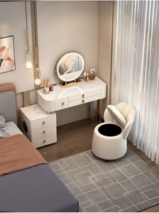 Table de toilette intelligente en bois massif de luxe nordique, multifonctionnelle, avec haut-parleur Bluetooth, miroir et tabouret - Product Image 3