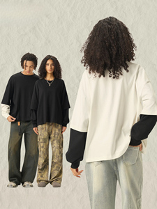 T-shirt Homme Personnalisé OEM 280G Feke à Manches Longues Effet Deux Pièces Color Block Coupe Boxy Courte Oversize Streetwear Décontracté avec <span class=keywords><strong>Logo</strong></span> - Product Image 2